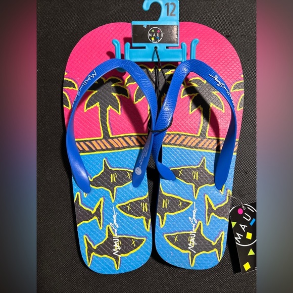 Maui And Sons Shark Print Men’s Size 12 Flip Flops - Picture 1 of 2